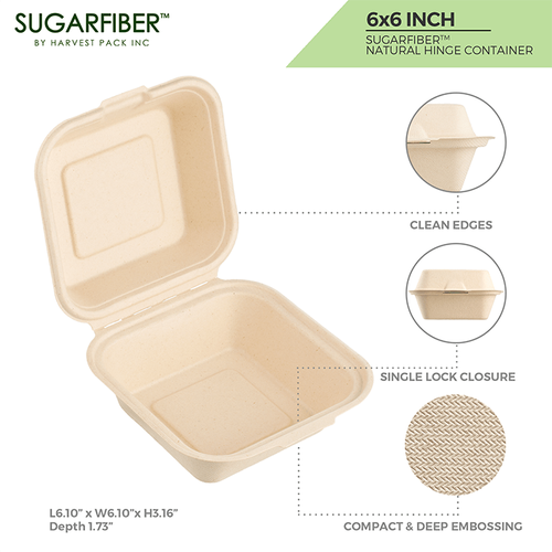 Sugarfiber™ 6x6 inch Square Hinged Container PFAS Free - Image 2